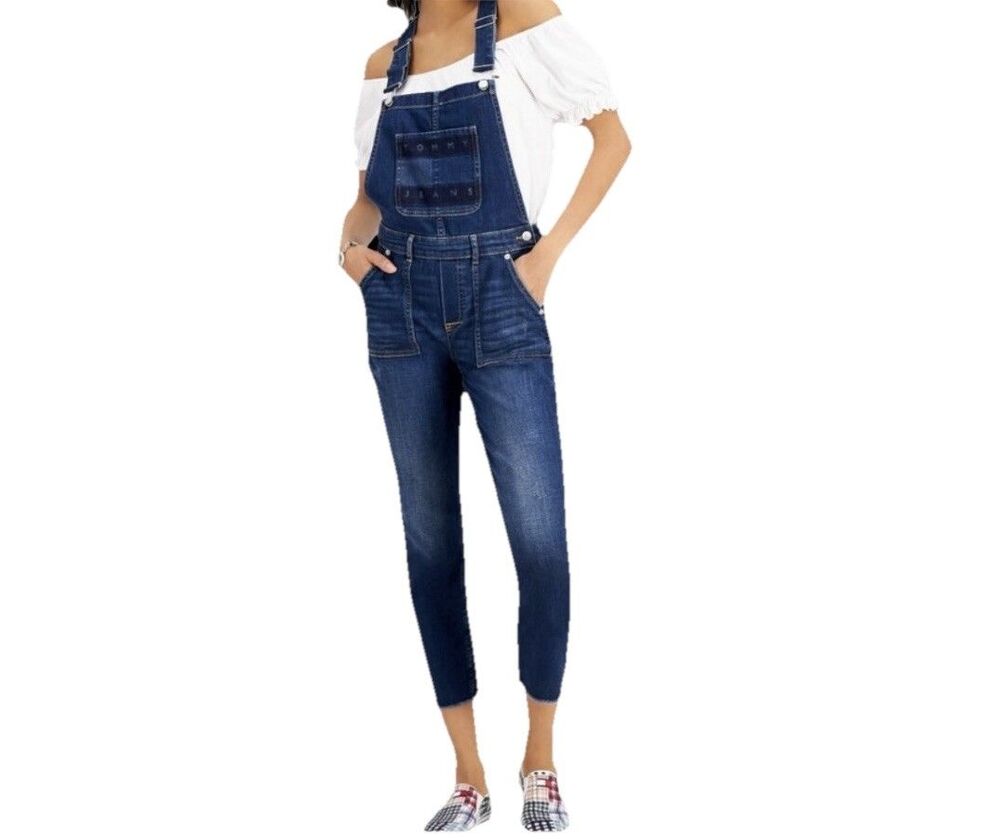 Tommy Hilfiger NWT Size 24 Denim Overalls Skinny Crop Raw Hem Logo Blue Women's